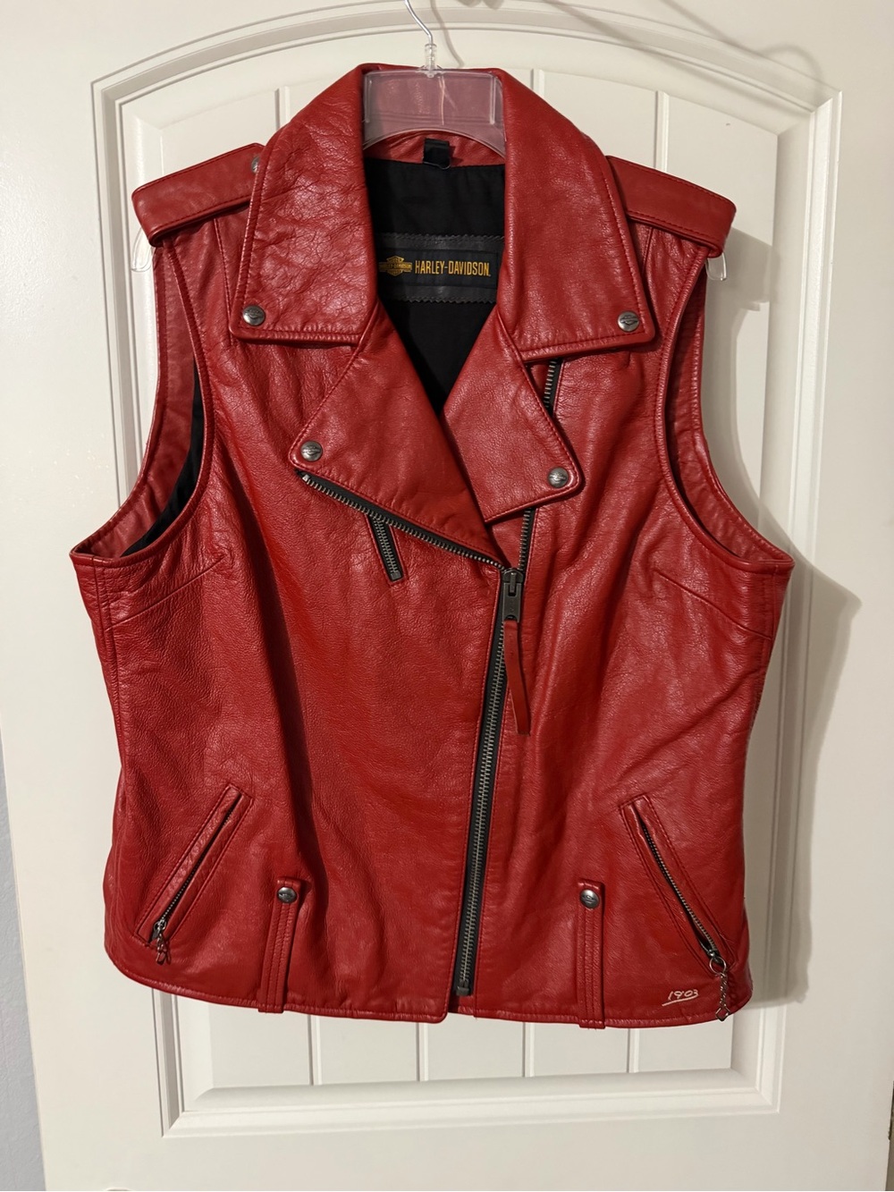 Harley-Davidson Women's Red Leather Moto Vest with Asymmetrical Zip, size L